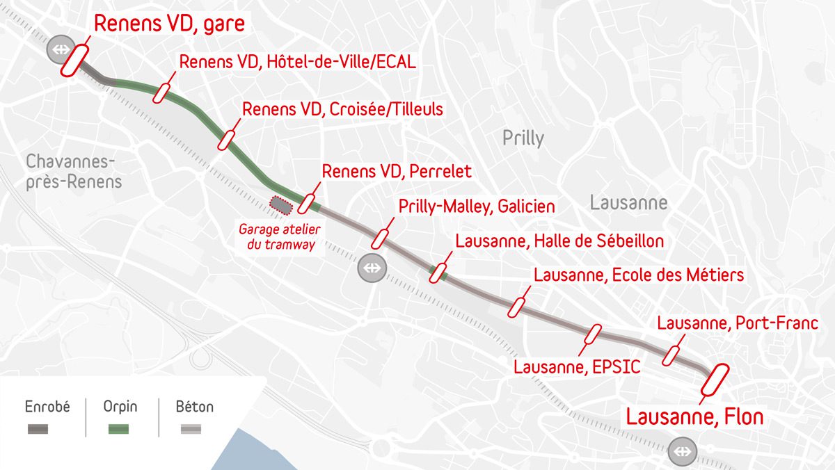 Revêtements de Lausanne-Flon à Renens-Gare